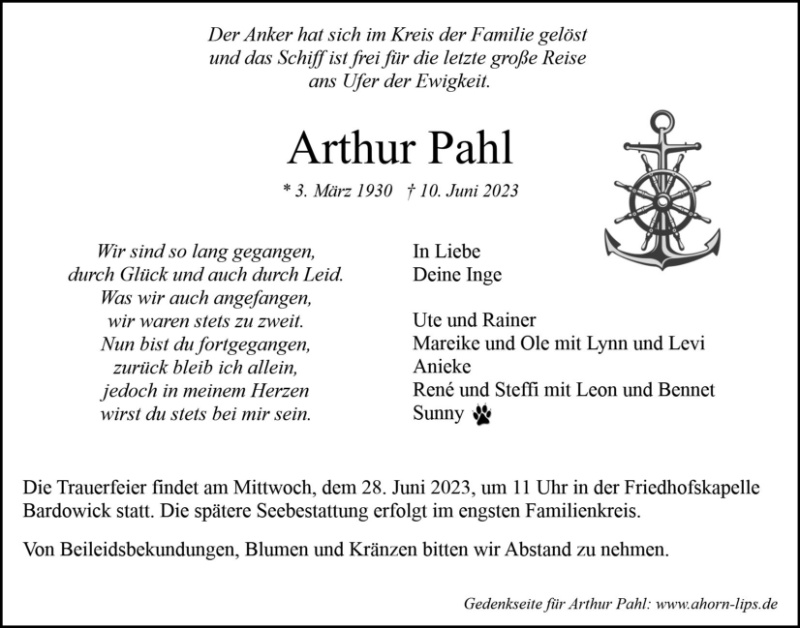 Erinnerungsbild für Arthur Pahl