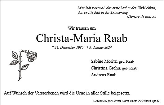 Erinnerungsbild für Christa-Maria Raab