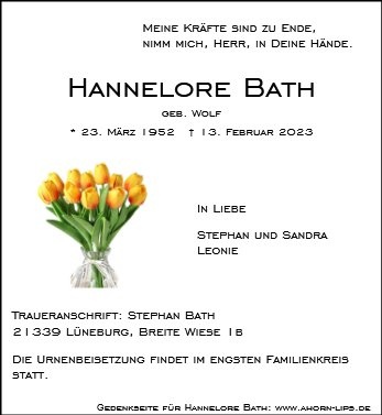 Erinnerungsbild für Hannelore Bath