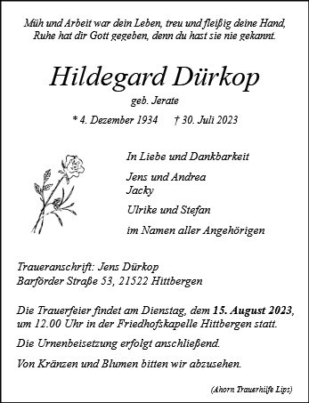 Erinnerungsbild für Hildegard Dürkop