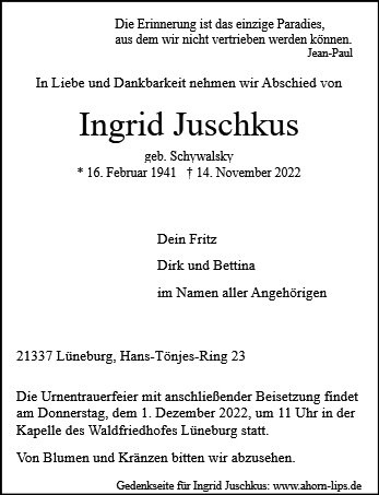 Erinnerungsbild für Ingrid Juschkus