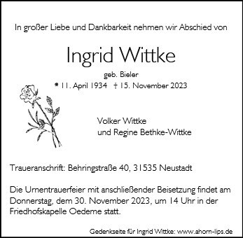 Erinnerungsbild für Ingrid Wittke