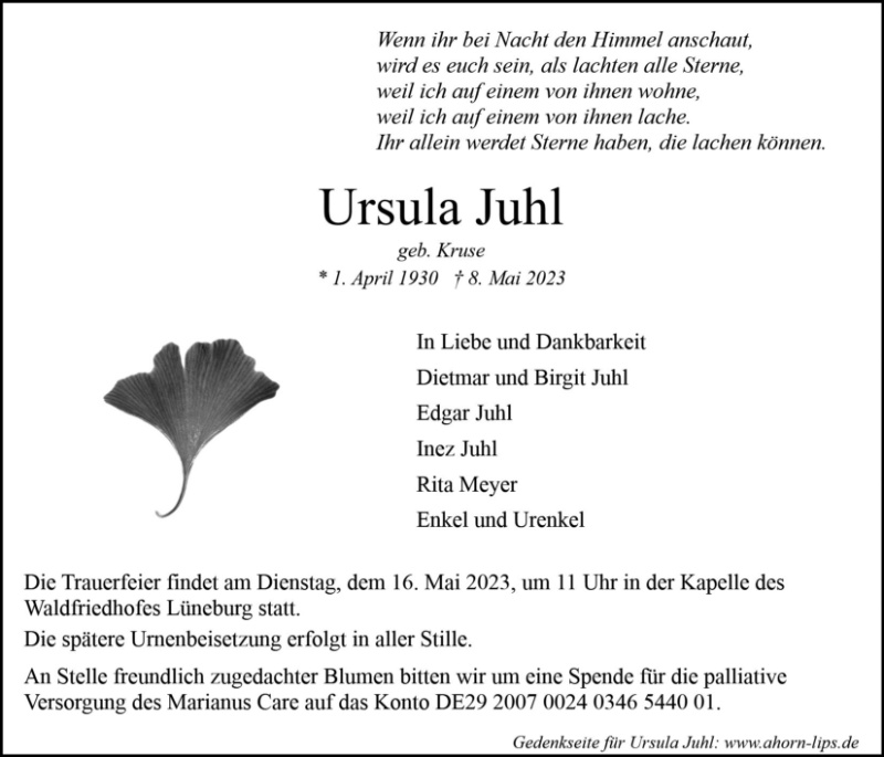 Erinnerungsbild für Ursula Juhl