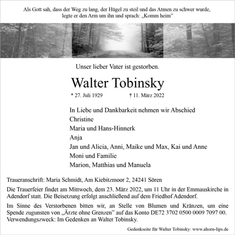 Erinnerungsbild für Walter Tobinsky