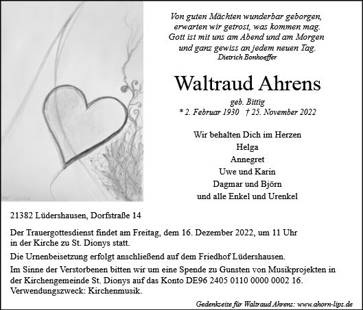 Erinnerungsbild für Waltraud Ahrens