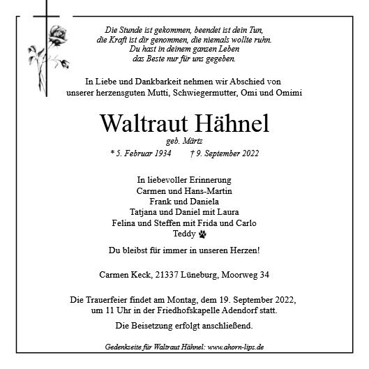 Erinnerungsbild für Waltraut Hähnel